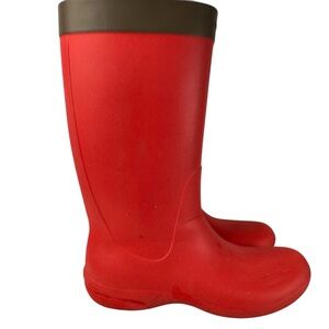 Crocs Gorpcore Red Rain Boots Brown Trim Waterproof Rubber Pull On 9